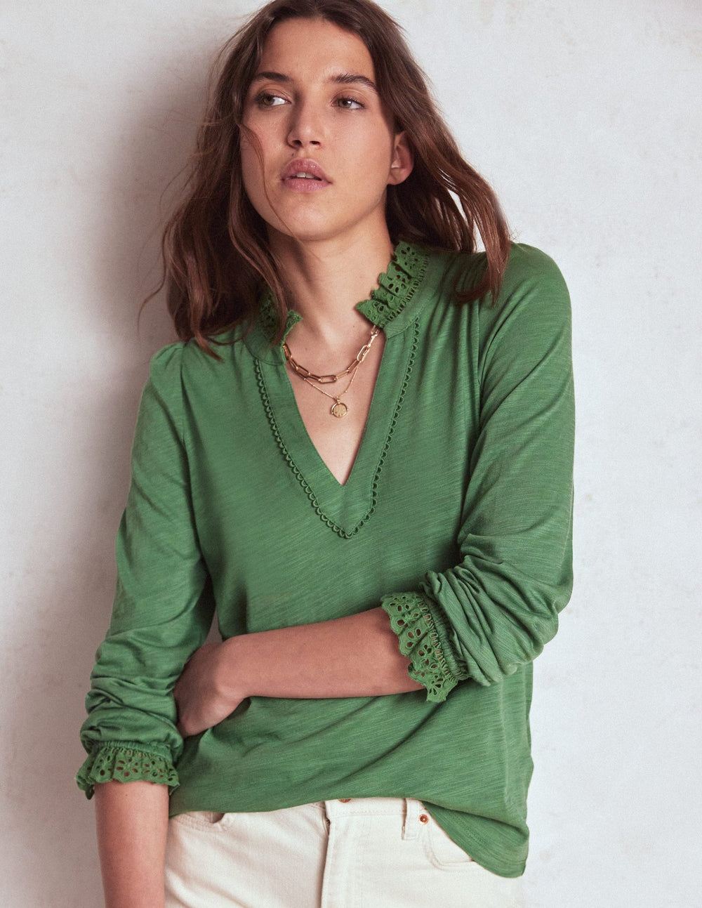 Boden Aria Broderie Notch Neck Top - Newt Green