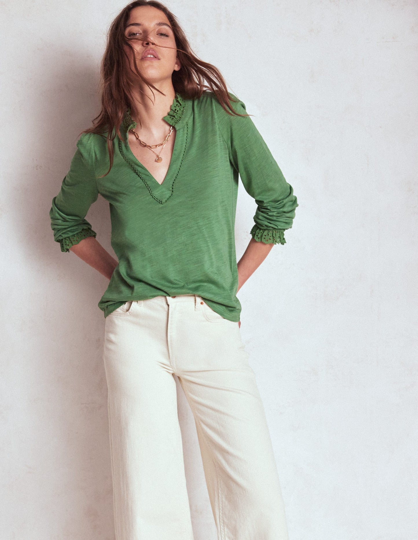 Boden Aria Broderie Notch Neck Top - Newt Green