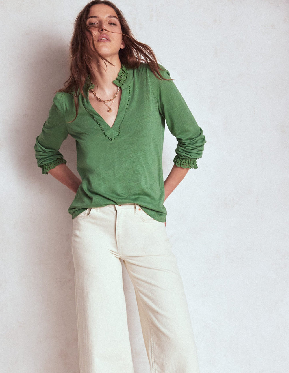 Boden Aria Broderie Notch Neck Top - Newt Green