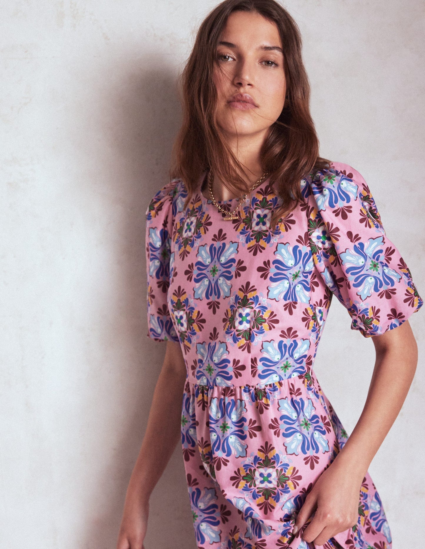 Boden Tiered Poplin Maxi Dress - Formica Pink, Bloom Mosaic