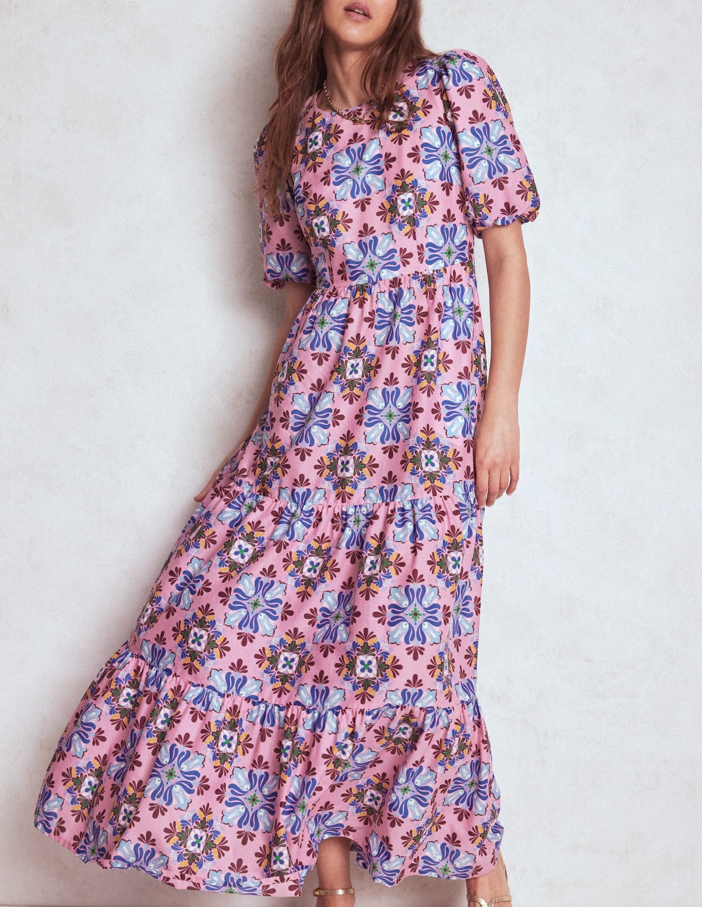 Boden Tiered Poplin Maxi Dress - Formica Pink, Bloom Mosaic