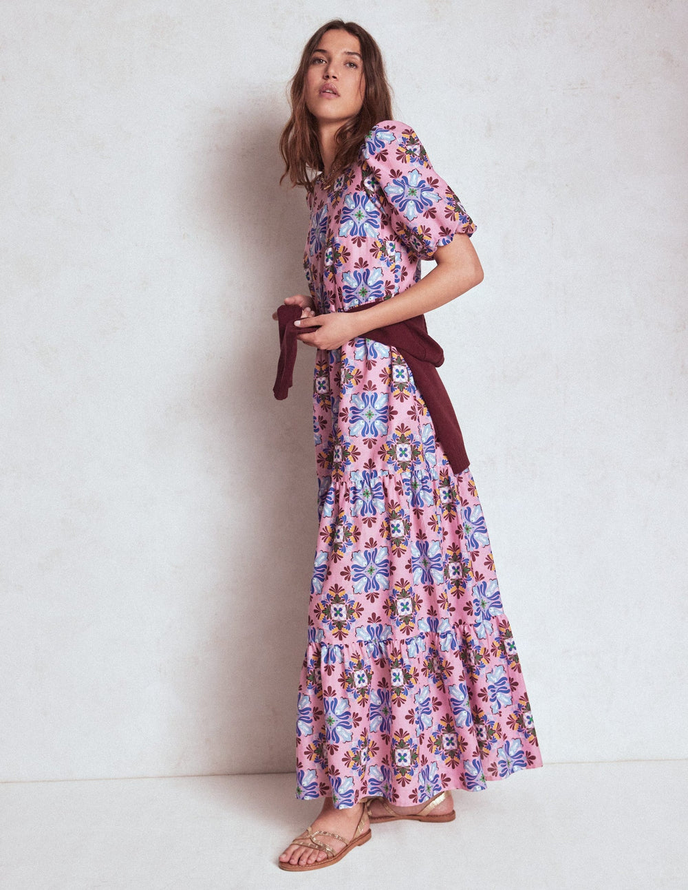 Boden Tiered Poplin Maxi Dress - Formica Pink, Bloom Mosaic