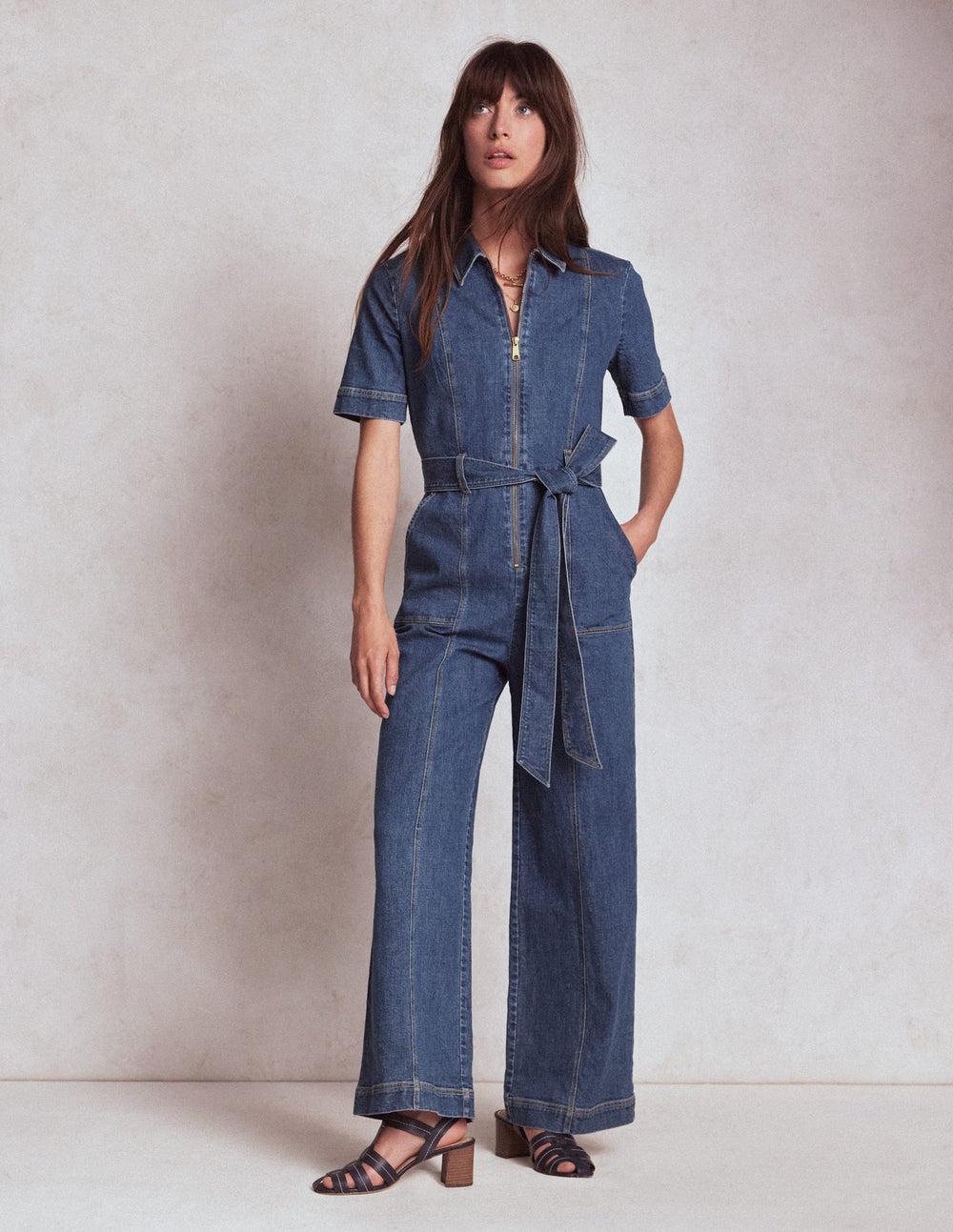 Boden Zip Up Denim Jumpsuit - Mid Vintage