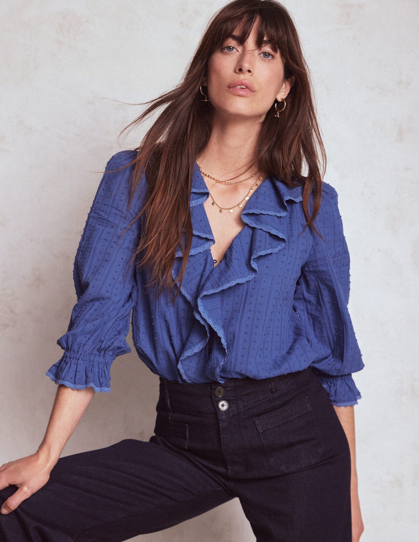 Boden Ruffle V - Neck Blouse - Denim Blue