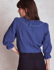 Boden Ruffle V - Neck Blouse - Denim Blue