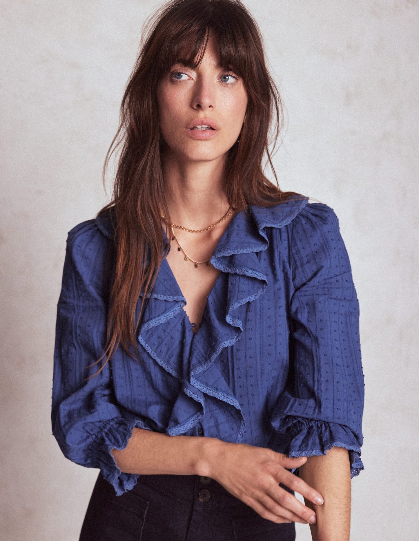 Boden Ruffle V - Neck Blouse - Denim Blue