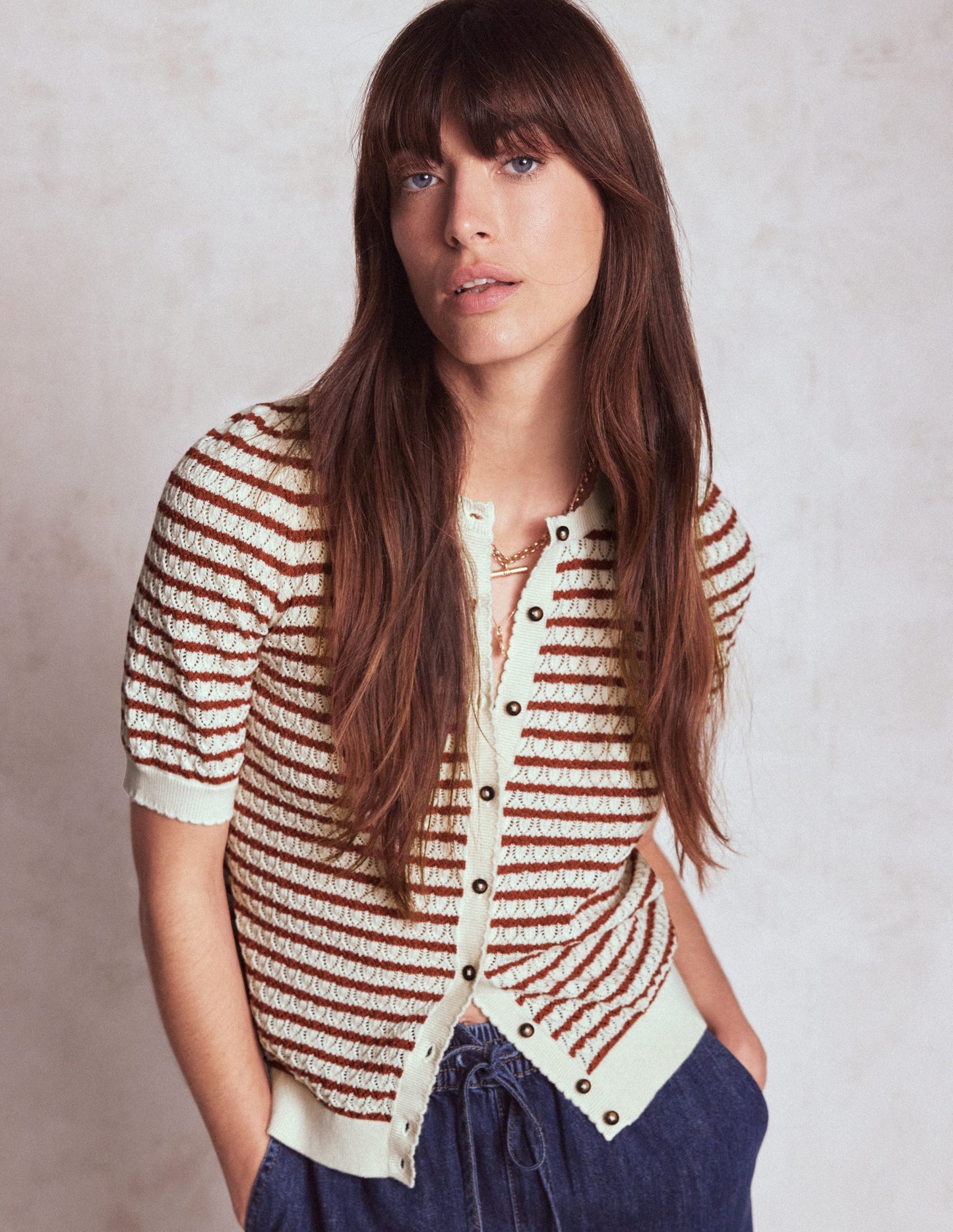 Boden Dot Pointelle Cardigan - Warm Ivory/ Red