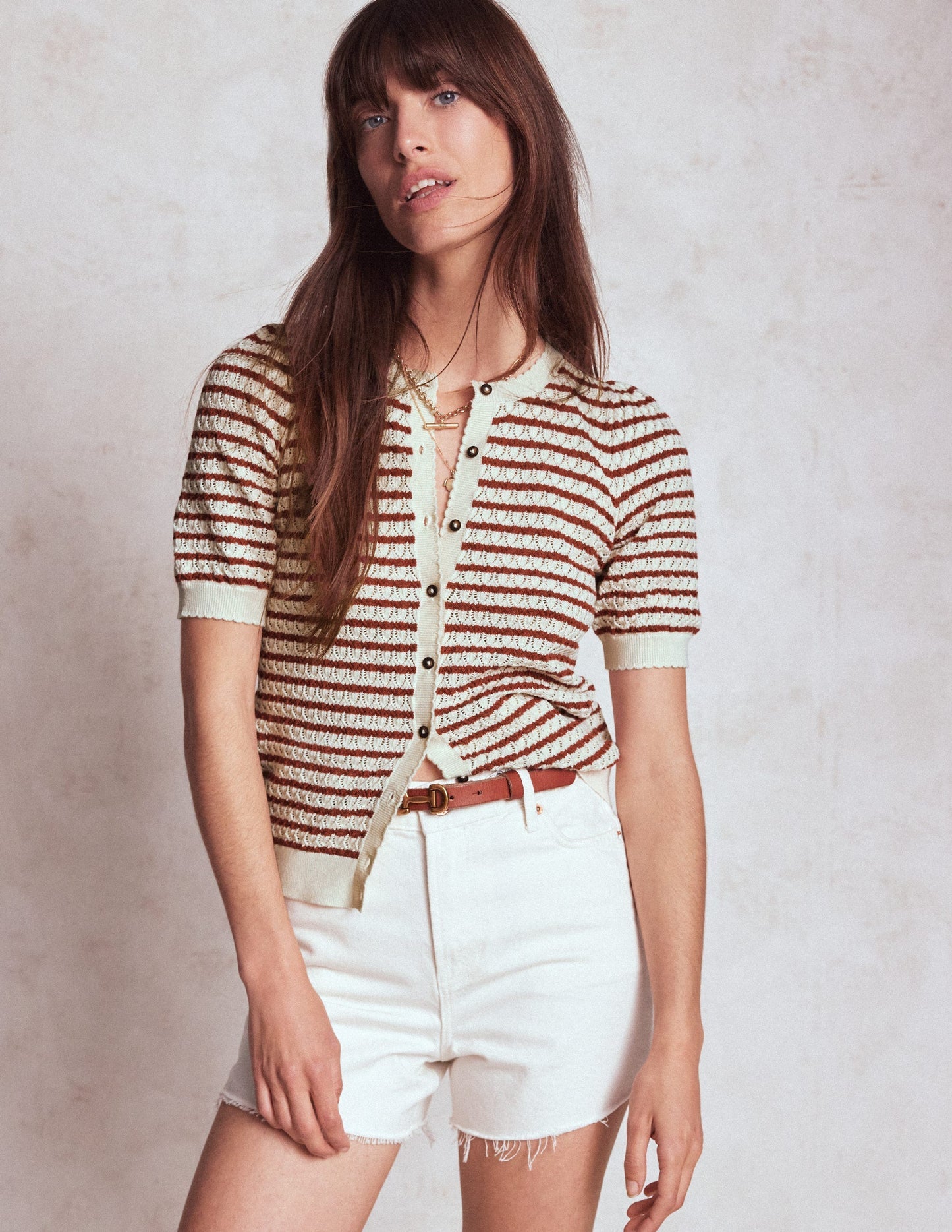 Boden Dot Pointelle Cardigan - Warm Ivory/ Red