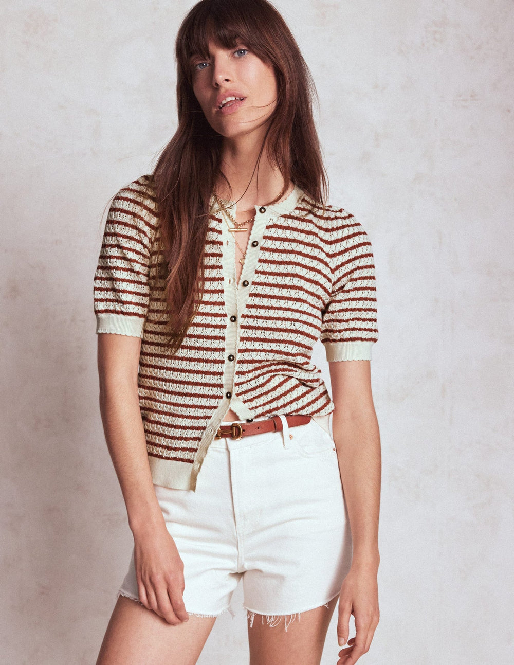 Boden Dot Pointelle Cardigan - Warm Ivory/ Red