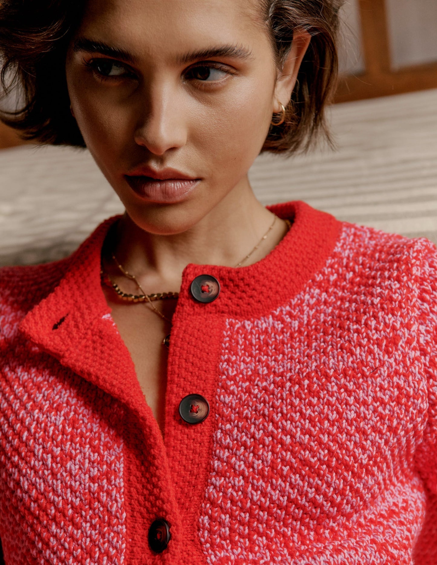 Boden Libby Knitted Jacket - Pink Ribbon/ Poppy Red