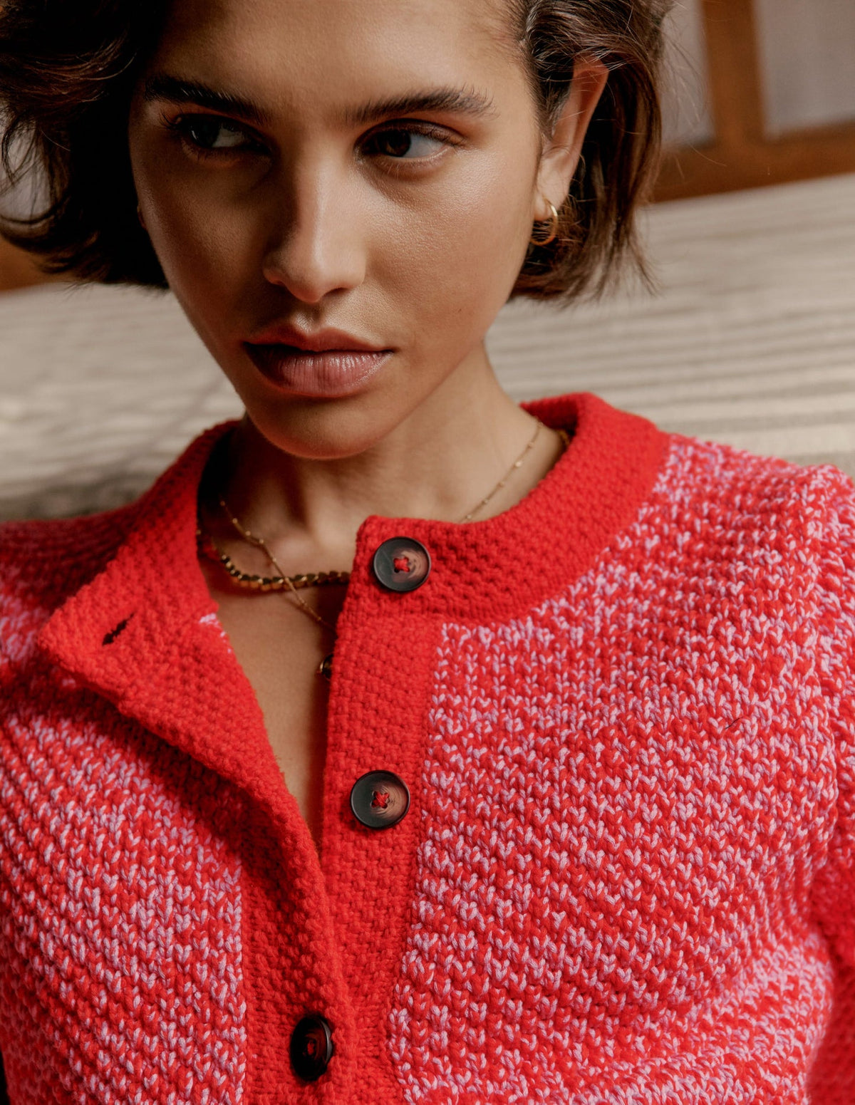 Boden Libby Knitted Jacket - Pink Ribbon/ Poppy Red