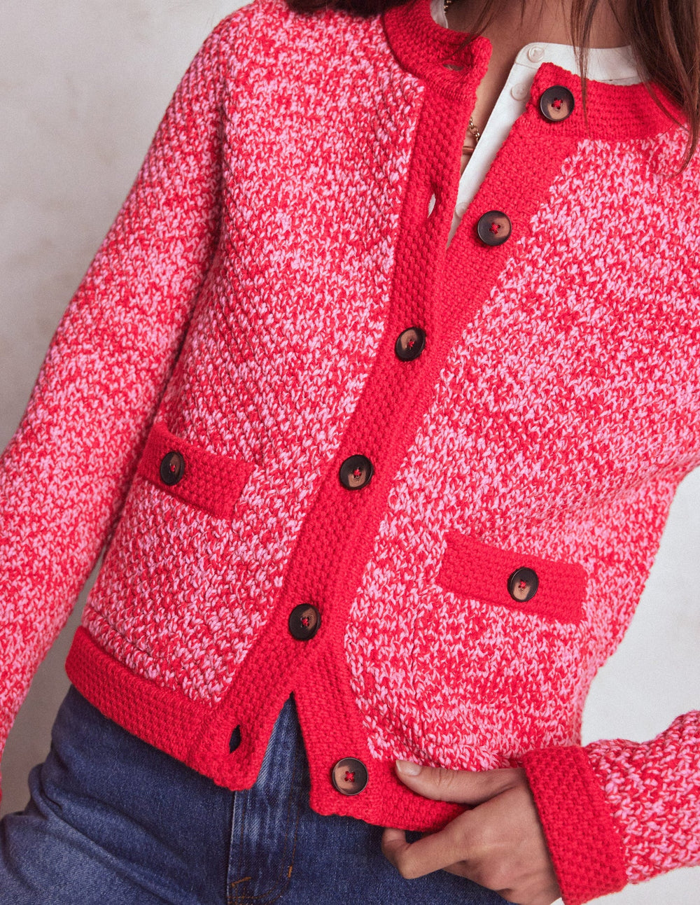 Boden Libby Knitted Jacket - Pink Ribbon/ Poppy Red
