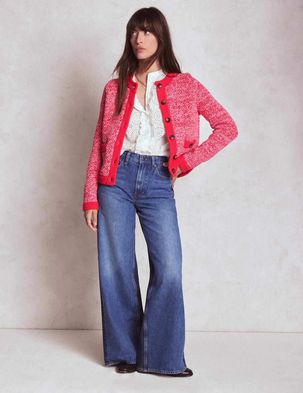 Boden Libby Knitted Jacket - Pink Ribbon/ Poppy Red