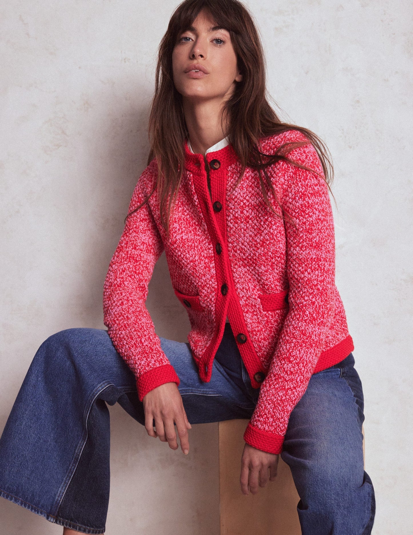 Boden Libby Knitted Jacket - Pink Ribbon/ Poppy Red
