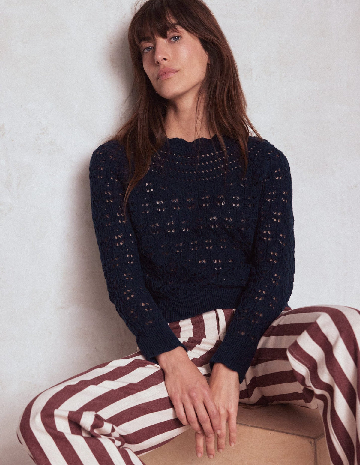 Boden Crochet Mix Stitch Sweater - Navy