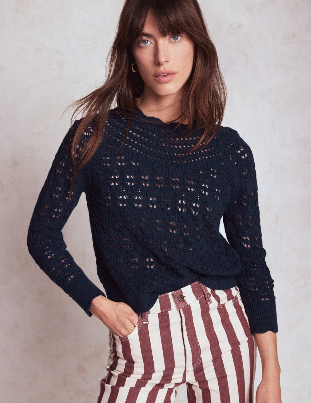 Boden Crochet Mix Stitch Sweater - Navy