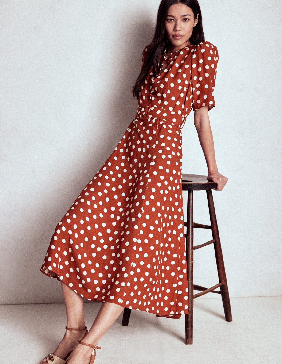 Boden Kate Puff Sleeve Belted Dress - Brown, Painted Dot