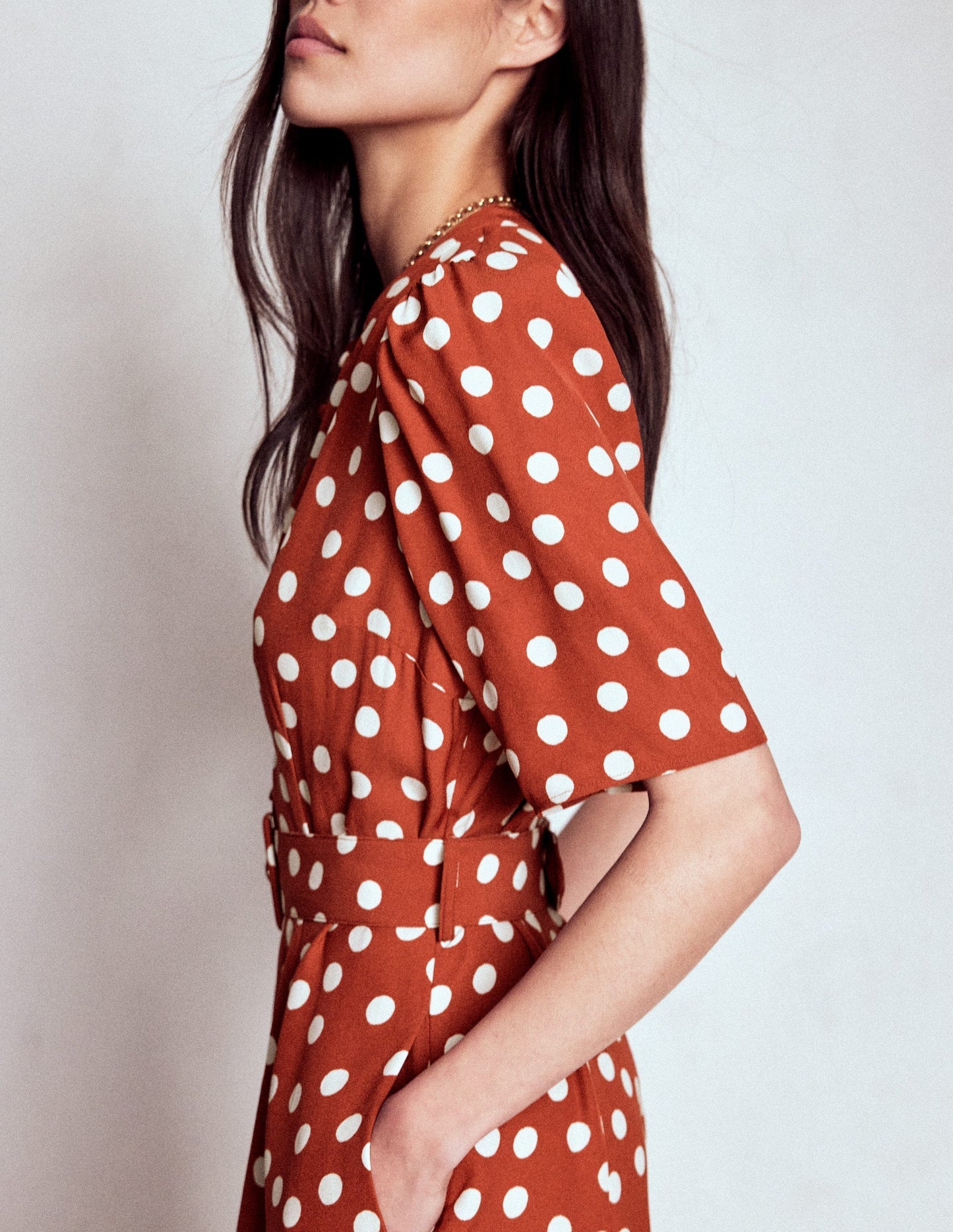 Boden Kate Puff Sleeve Belted Dress - Brown, Painted Dot