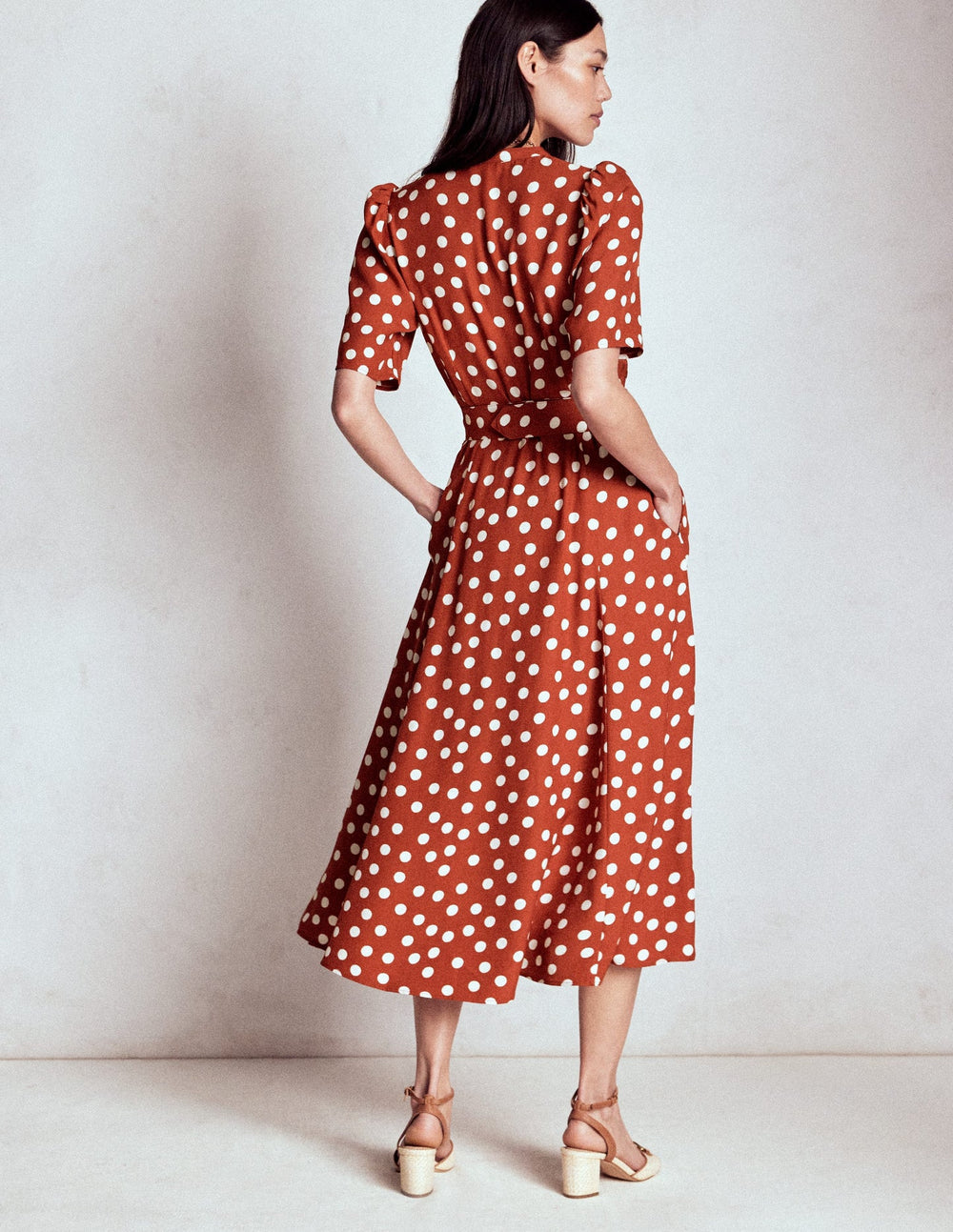 Boden Kate Puff Sleeve Belted Dress - Brown, Painted Dot