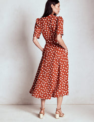 Boden Kate Puff Sleeve Belted Dress - Brown, Painted Dot
