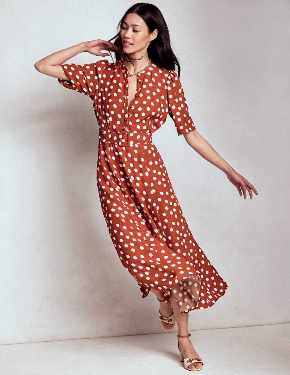 Boden Kate Puff Sleeve Belted Dress - Brown, Painted Dot