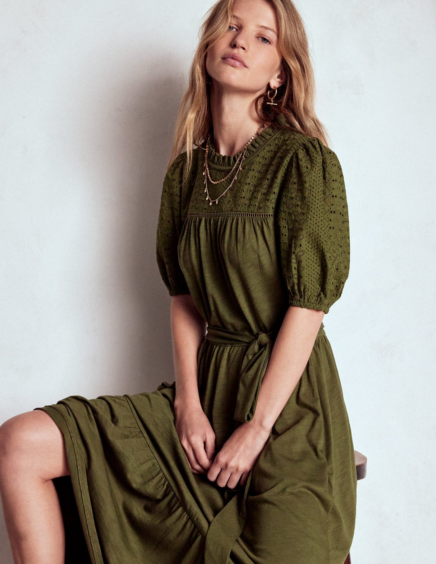 Boden Lorelei Broderie Jersey Dress - Woodland Green