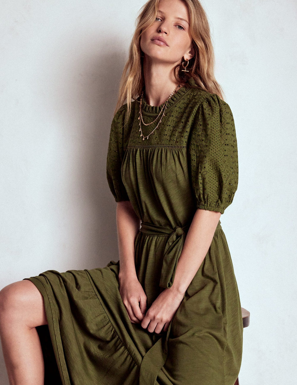 Boden Lorelei Broderie Jersey Dress - Woodland Green