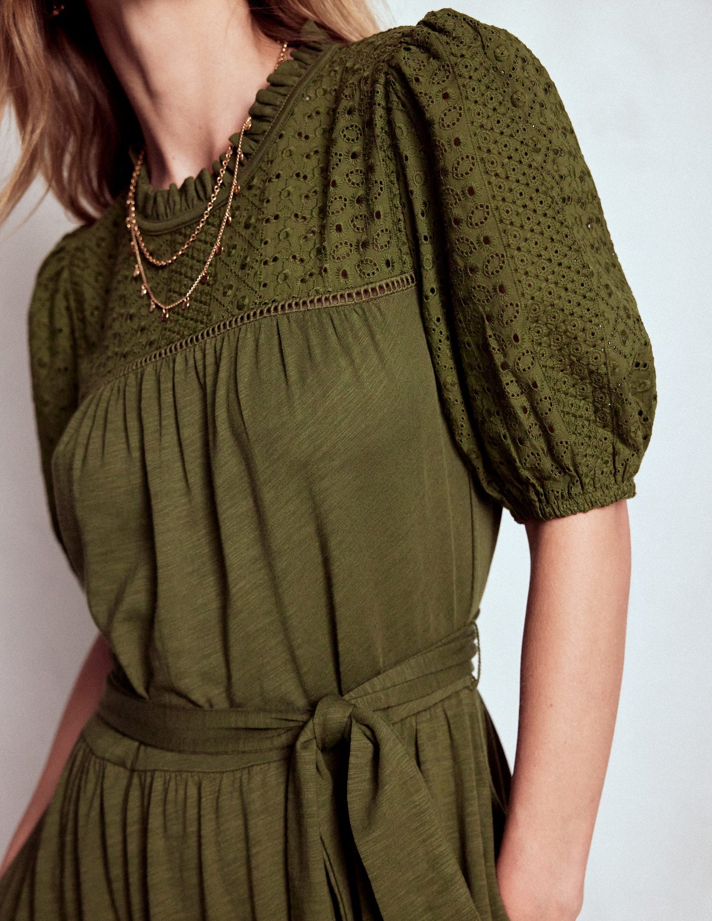 Boden Lorelei Broderie Jersey Dress - Woodland Green