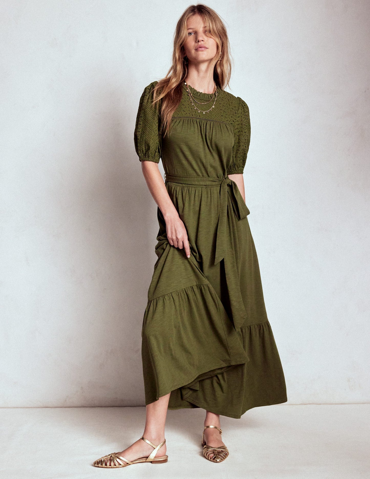 Boden Lorelei Broderie Jersey Dress - Woodland Green