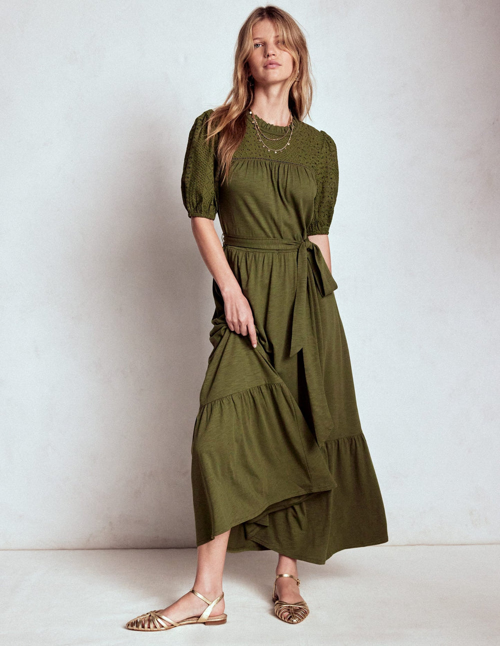 Boden Lorelei Broderie Jersey Dress - Woodland Green