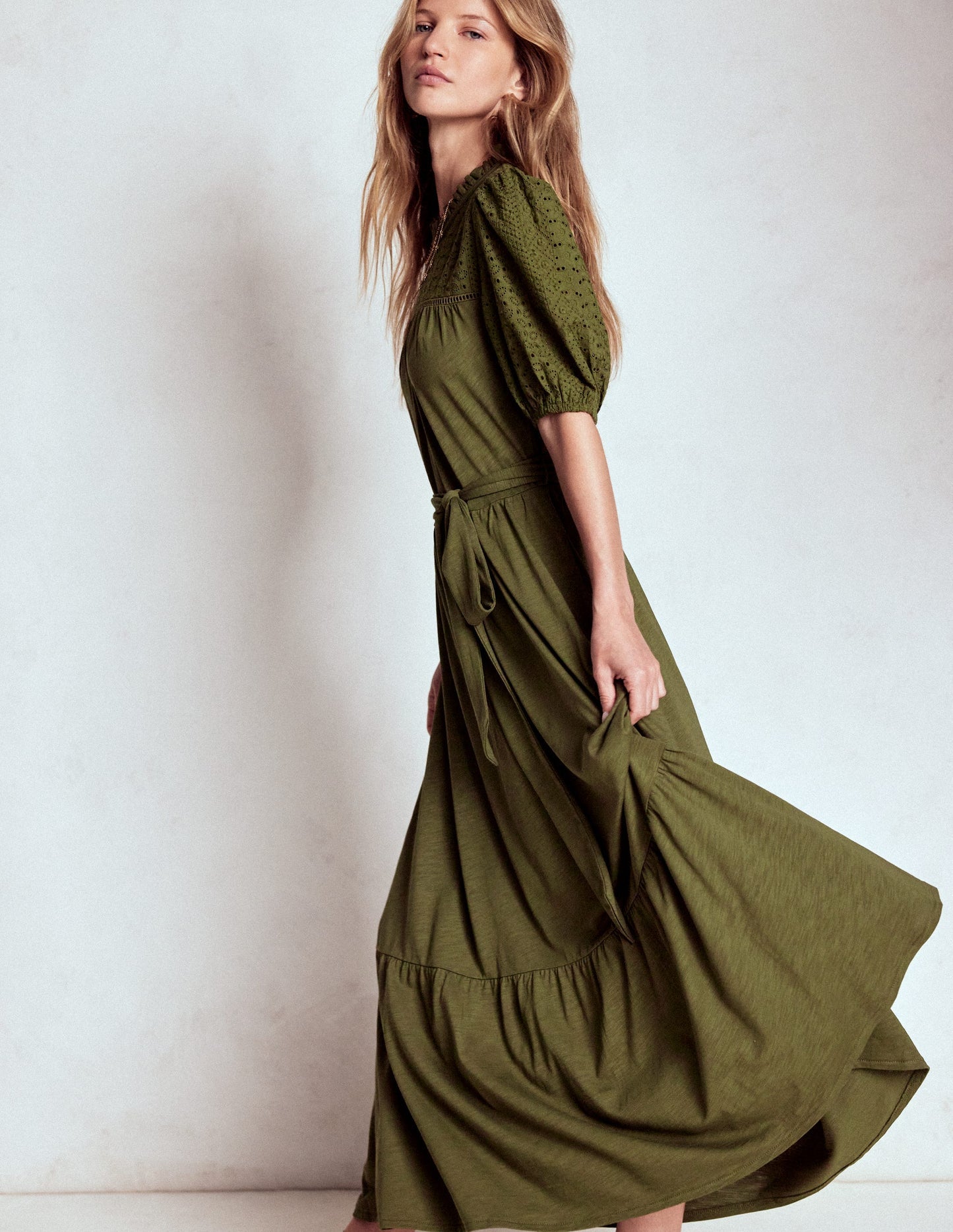 Boden Lorelei Broderie Jersey Dress - Woodland Green