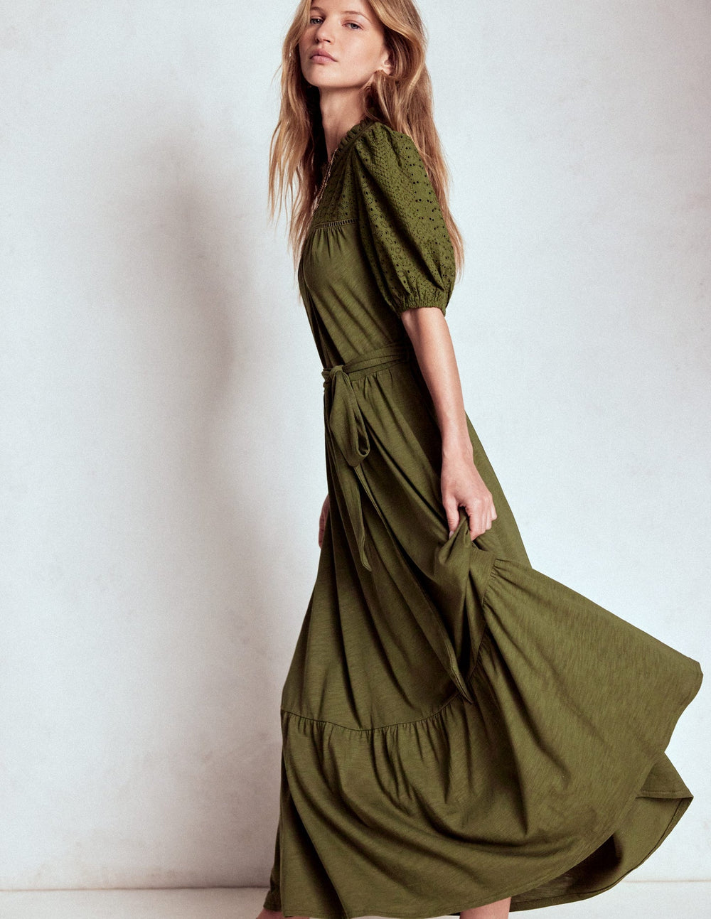 Boden Lorelei Broderie Jersey Dress - Woodland Green