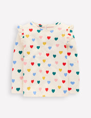 Boden Frill Sleeve Slub Top - Rainbow Hearts