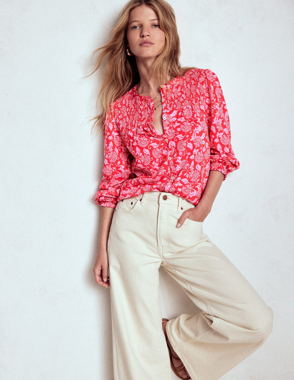 Boden Elsa Smocked Yoke Jersey Shirt - Poppy Red, Ornate Vine