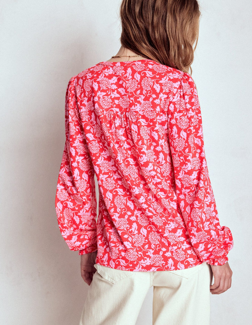 Boden Elsa Smocked Yoke Jersey Shirt - Poppy Red, Ornate Vine