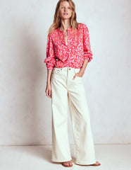 Boden Elsa Smocked Yoke Jersey Shirt - Poppy Red, Ornate Vine