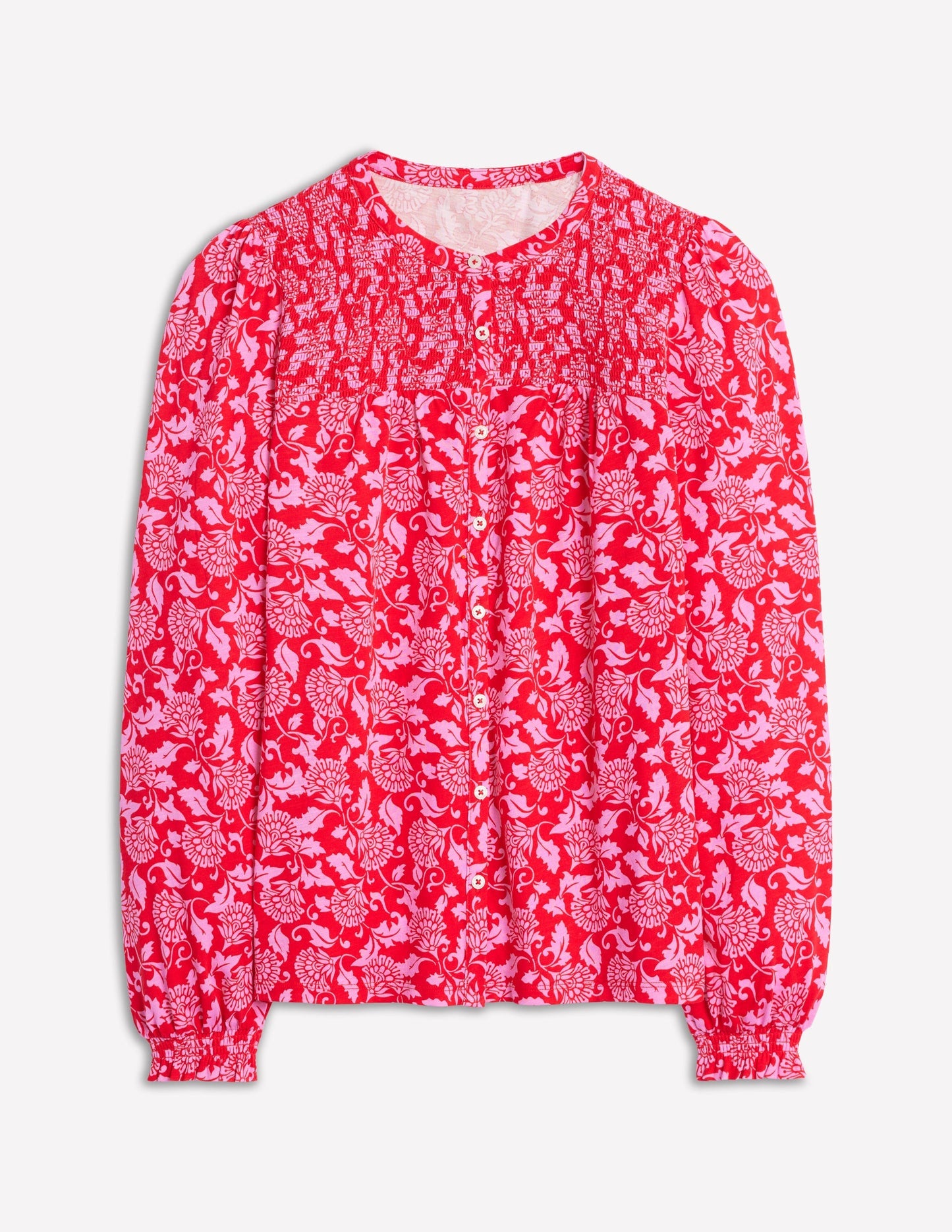 Boden Elsa Smocked Yoke Jersey Shirt - Poppy Red, Ornate Vine