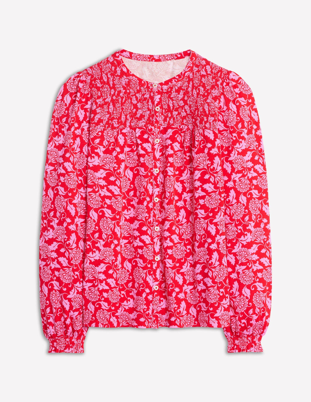 Boden Elsa Smocked Yoke Jersey Shirt - Poppy Red, Ornate Vine