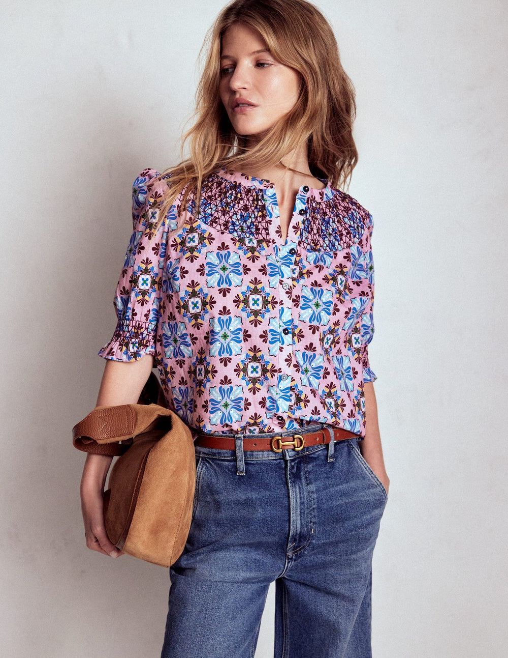 Boden Effie Short Sleeve Top - Formica Pink, Bloom Mosaic