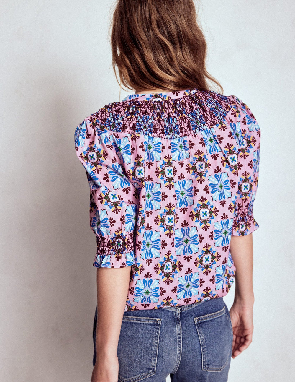 Boden Effie Short Sleeve Top - Formica Pink, Bloom Mosaic