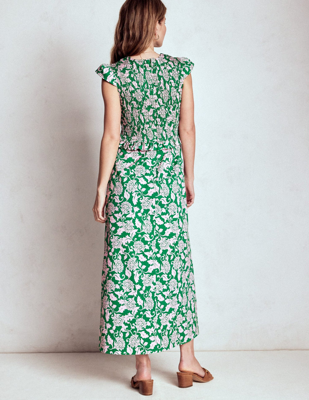 Boden Carolina Smocked Midi Dress - Rich Emerald, Ornate Vine