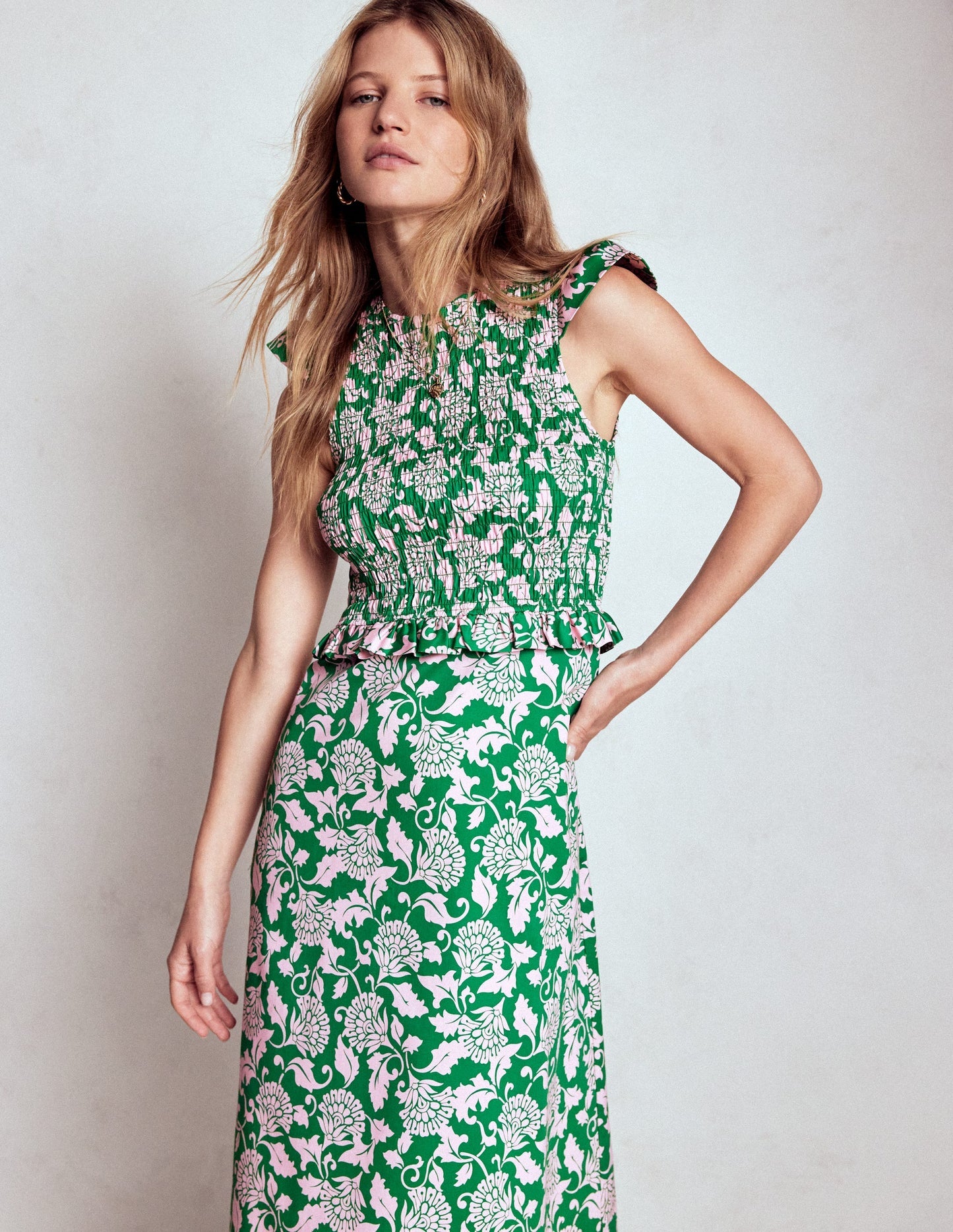 Boden Carolina Smocked Midi Dress - Rich Emerald, Ornate Vine
