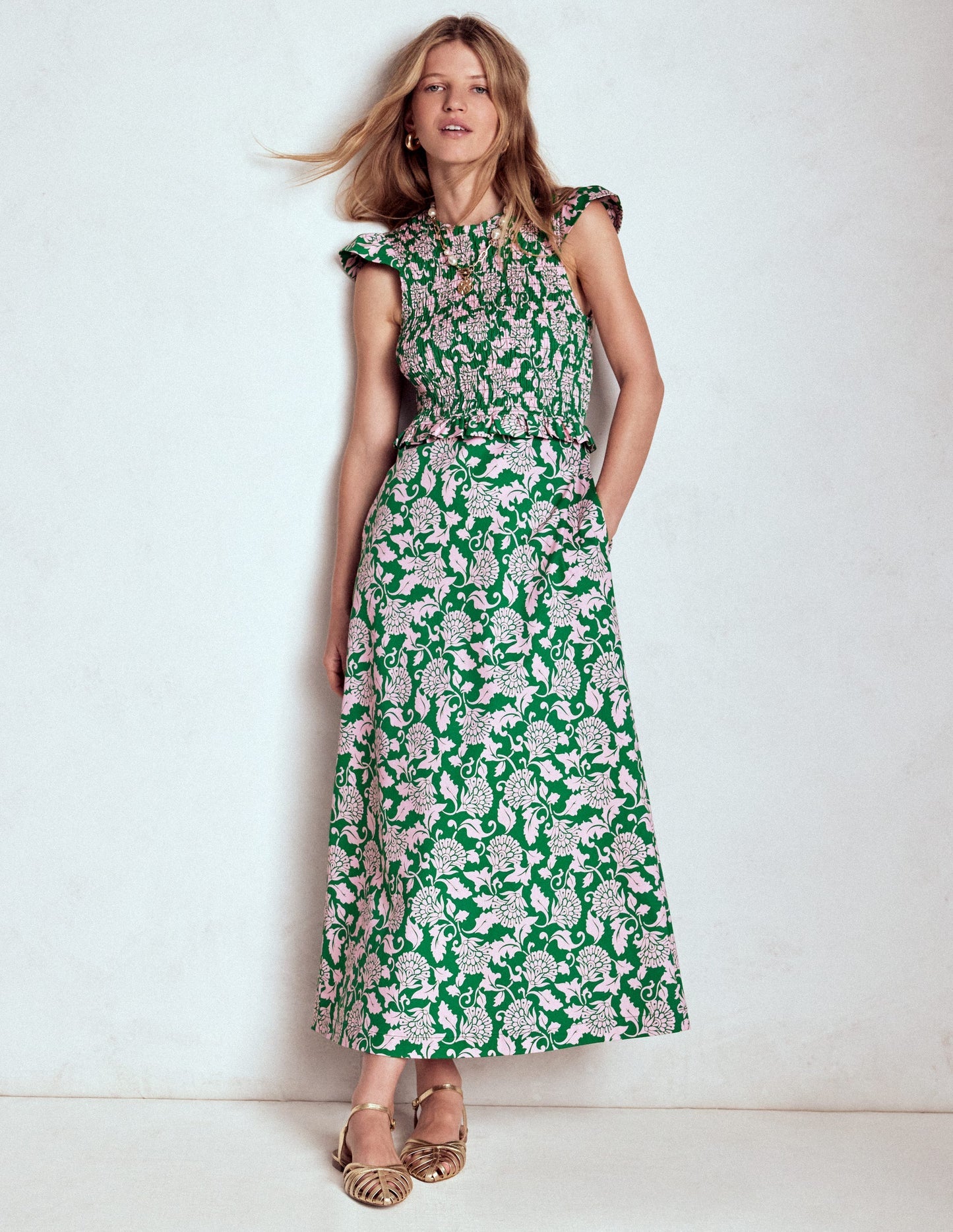 Boden Carolina Smocked Midi Dress - Rich Emerald, Ornate Vine