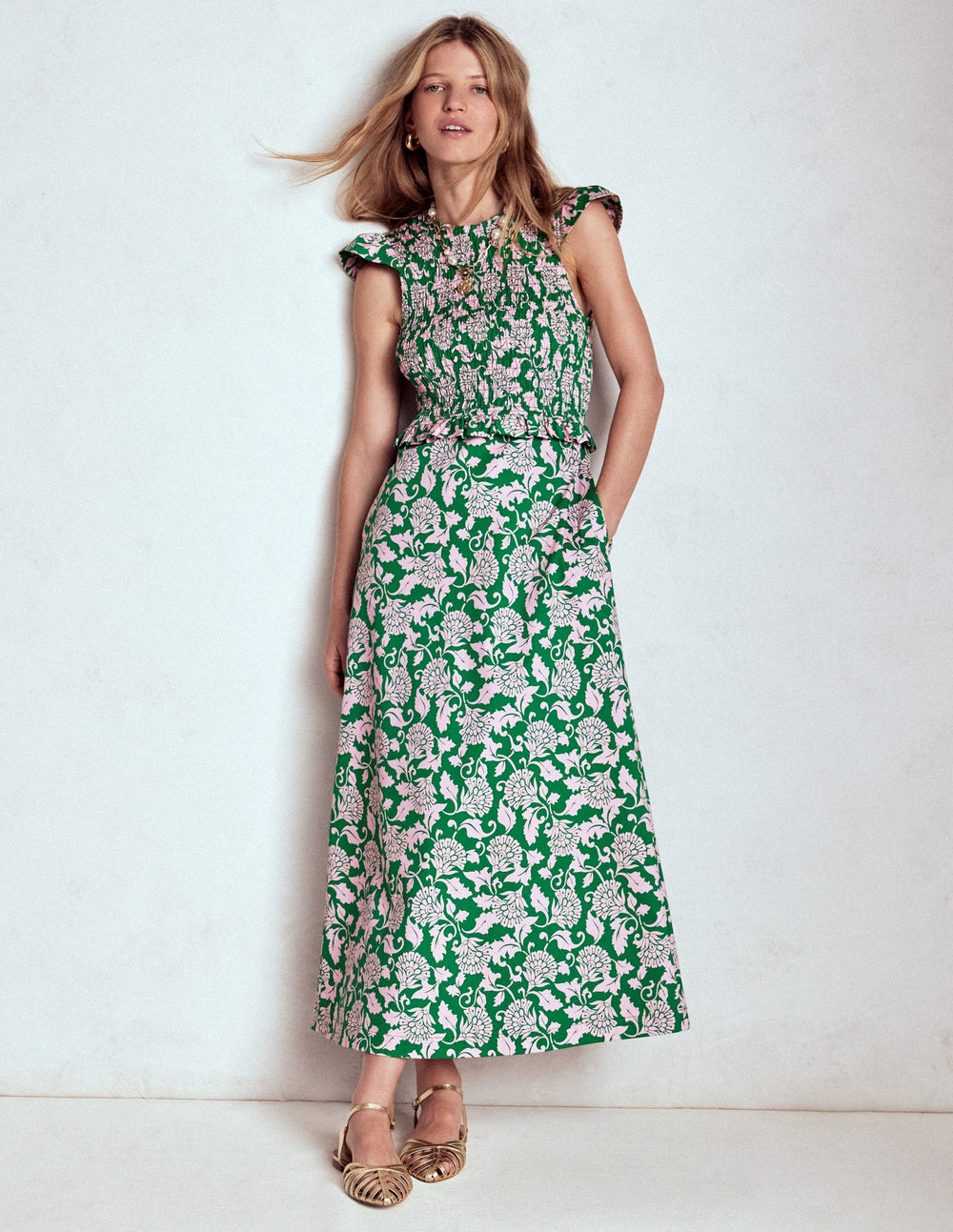 Boden Carolina Smocked Midi Dress - Rich Emerald, Ornate Vine
