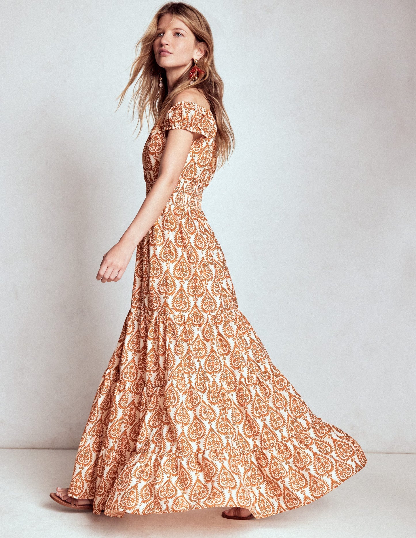 Boden Scoop Cotton Tiered Dress - Cognac, Ornate Geo