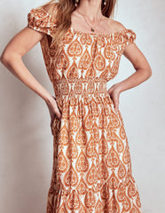 Boden Scoop Cotton Tiered Dress - Cognac, Ornate Geo