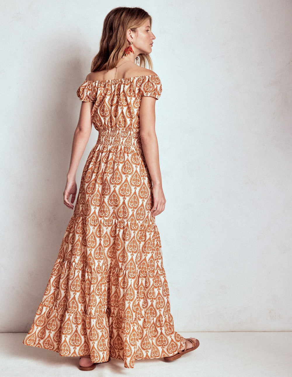 Boden Scoop Cotton Tiered Dress - Cognac, Ornate Geo