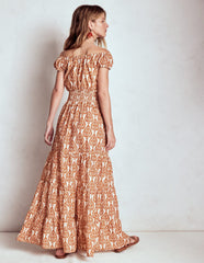 Boden Scoop Cotton Tiered Dress - Cognac, Ornate Geo