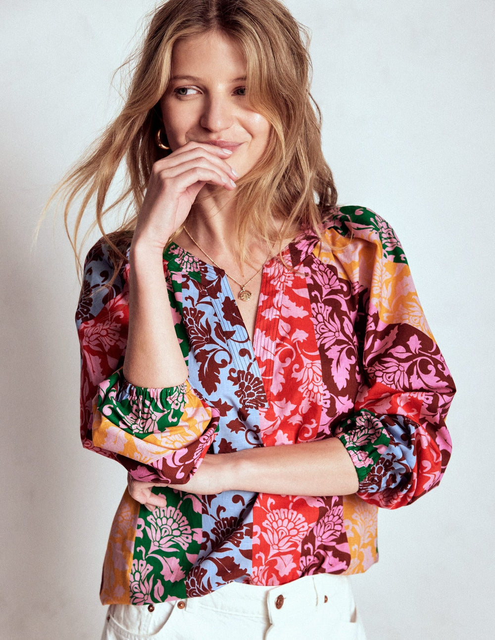 Boden Long Sleeve Notch Top - Multi, Ornate Vine
