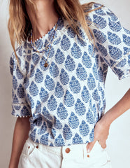 Boden Mila Lace Trim Top - Denim Blue, Wildflower Bouquet